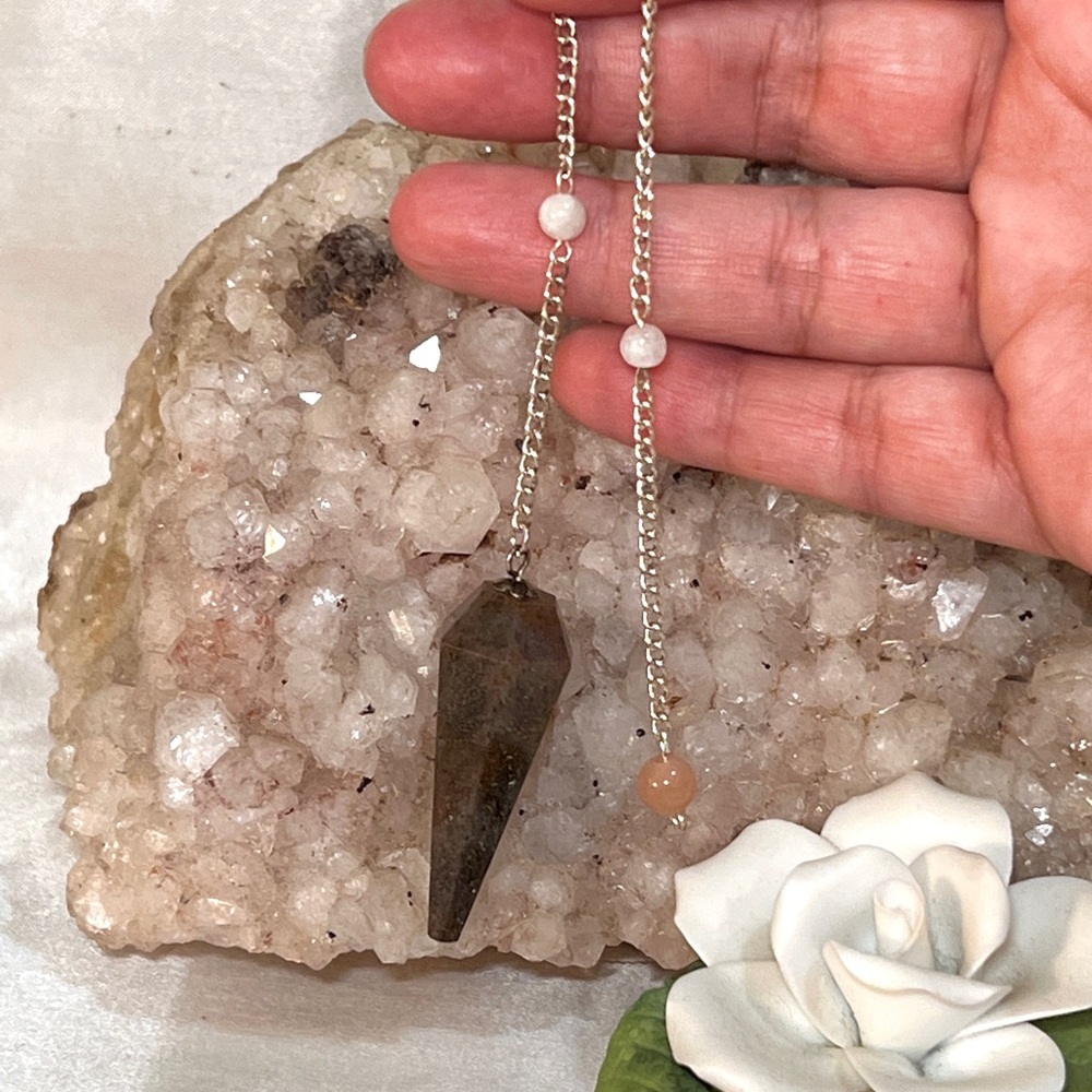 Crystal Pendulum with Rainbow and Peach Moonstone Beads, Divination Pendant